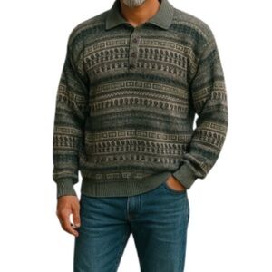 VINTAGE 90s Mens Wool Blend Tip Top FairIsle Style Polo Collar Sweater Grey M